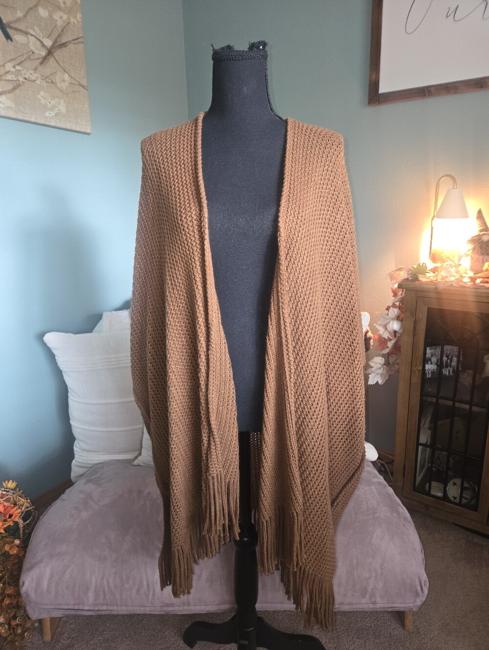 Steve Madden Brown Open-Front Fringe Knit Cardigan